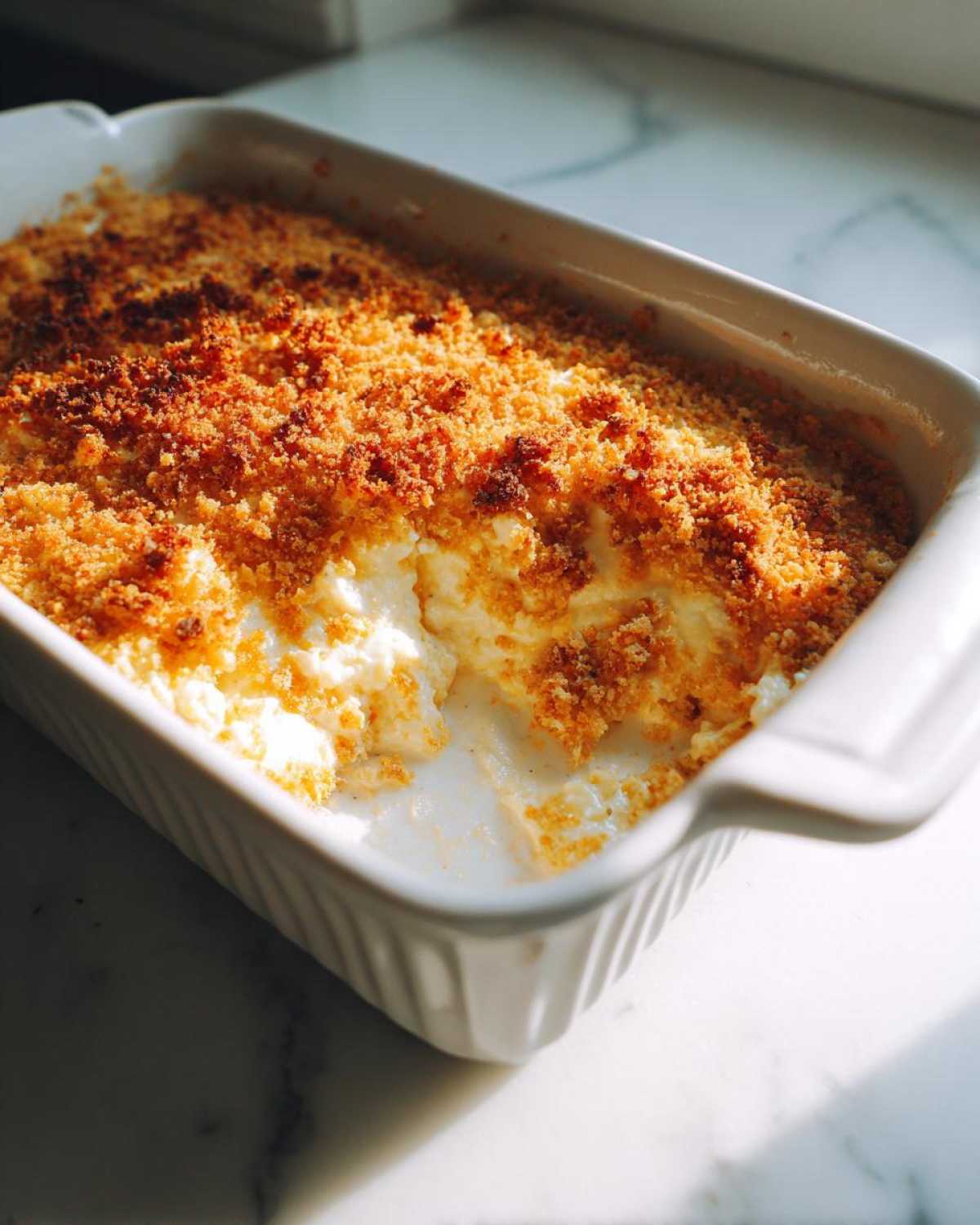 Close-up of a creamy, hot popper dip with a golden-brown, crunchy topping in a white baking dish.