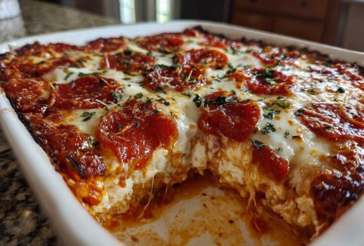 Close-up of baked pepperoni pizza dip in a white dish with cheese pull and melted mozzarella.