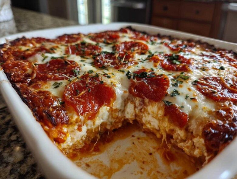 Close-up of baked pepperoni pizza dip in a white dish with cheese pull and melted mozzarella.