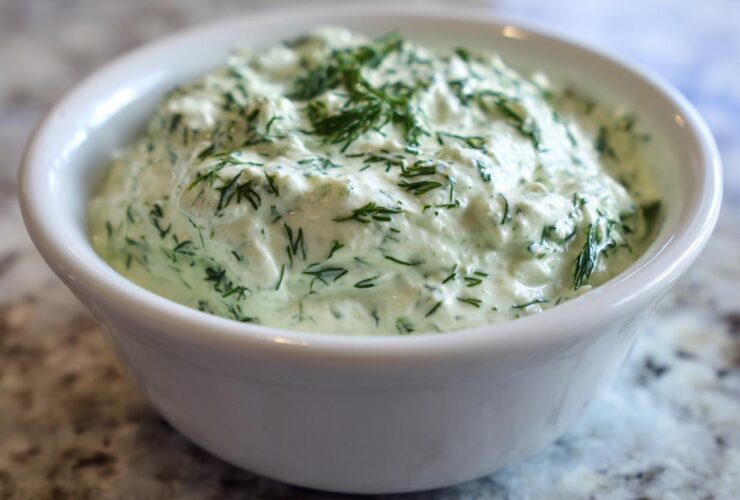 Close-up of creamy, fresh dill dip generously garnished with chopped dill in a white serving bowl.