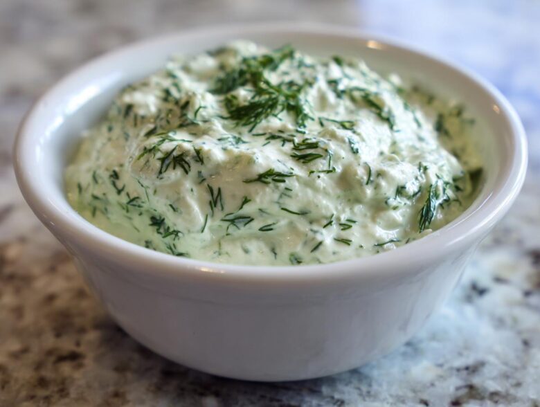 Close-up of creamy, fresh dill dip generously garnished with chopped dill in a white serving bowl.