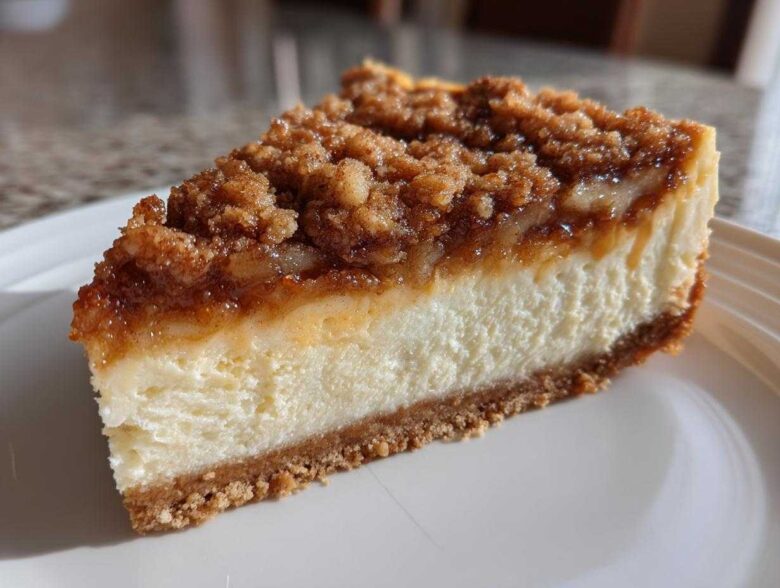 A perfect slice of amazing apple pie cheesecake featuring a creamy white layer, graham cracker crust, and a thick cinnamon apple crumble topping.