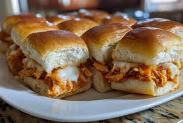 Close-up of gooey, melted cheese oozing over shredded chicken filling in fresh rolls for buffalo chicken sliders.