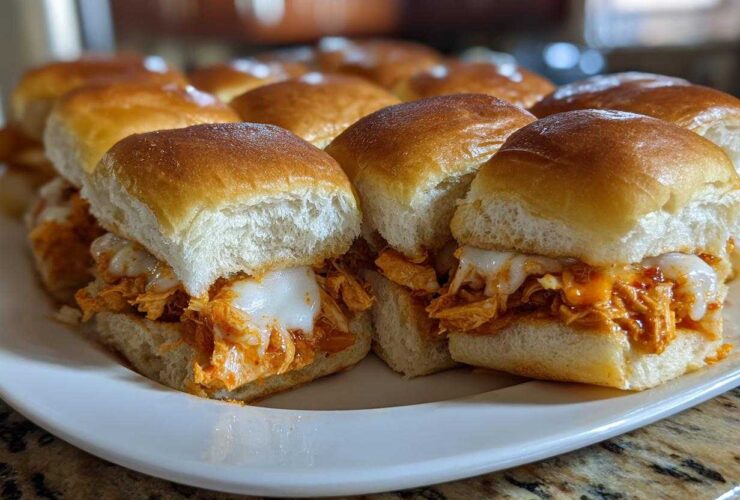 Close-up of gooey, melted cheese oozing over shredded chicken filling in fresh rolls for buffalo chicken sliders.