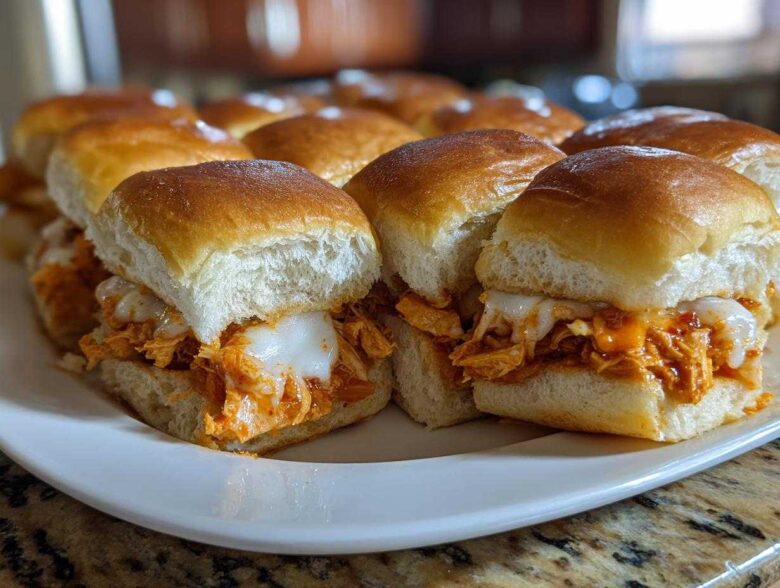 Close-up of gooey, melted cheese oozing over shredded chicken filling in fresh rolls for buffalo chicken sliders.