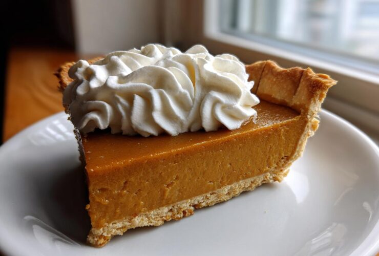 A perfect slice of rich, orange-hued butterscotch pie topped with a swirl of whipped cream.