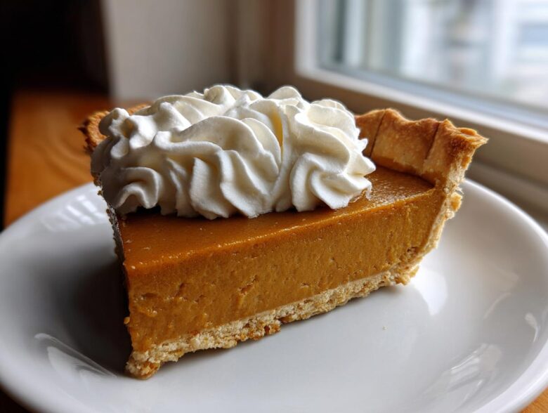 A perfect slice of rich, orange-hued butterscotch pie topped with a swirl of whipped cream.