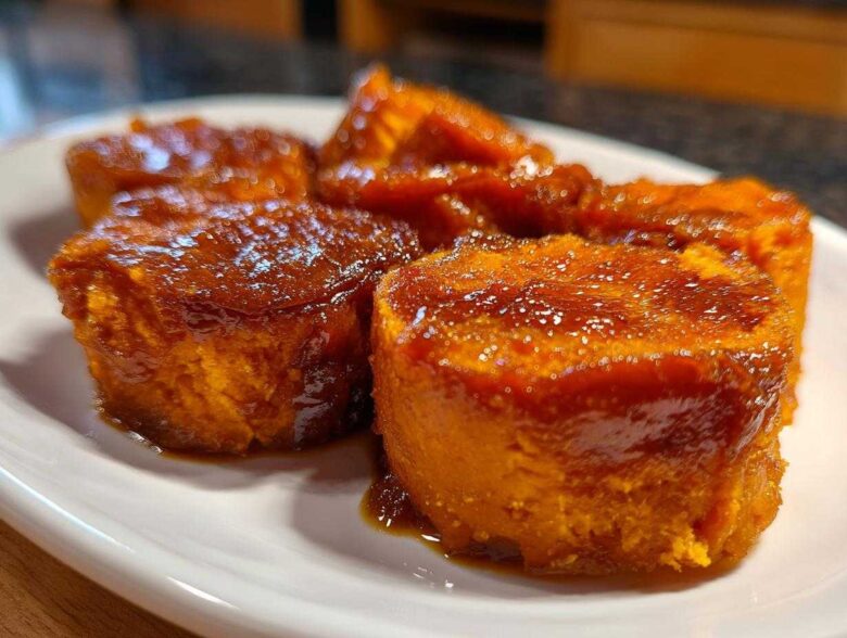 Four portions of rich, orange candied yams covered in a thick, glossy brown sugar glaze, served on a white plate.