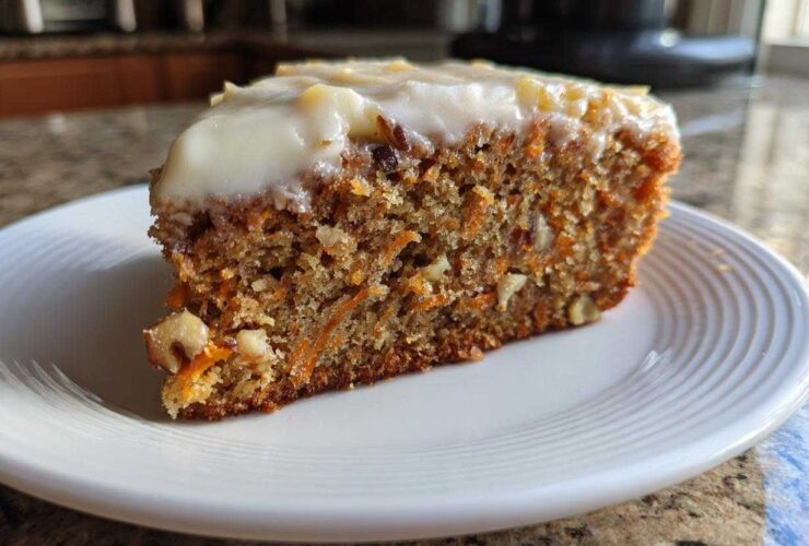Close-up of a moist slice of carrot cake recipe topped with thick cream cheese frosting, showing visible shredded carrots and walnuts.