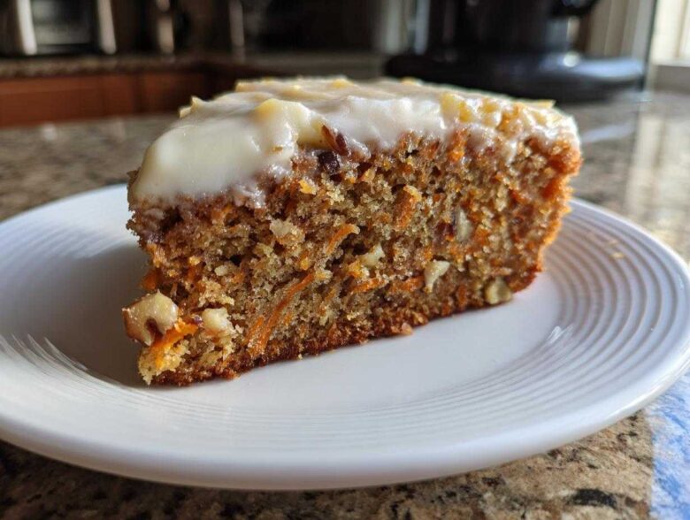 Close-up of a moist slice of carrot cake recipe topped with thick cream cheese frosting, showing visible shredded carrots and walnuts.