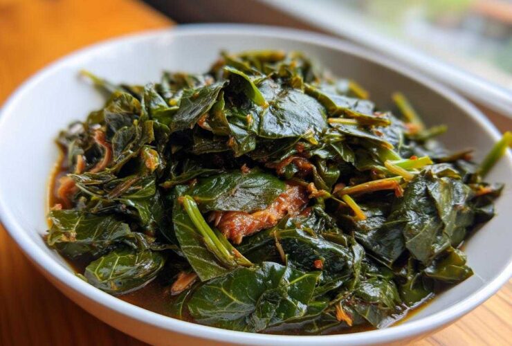 A close-up of tender, dark green collard greens simmered in a rich broth, served in a white bowl.
