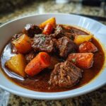 Close-up of tender chunks of beef, carrots, and potatoes in a rich gravy from the crockpot beef stew.