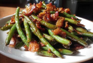 A close-up of glossy, vibrant green beans tossed with crispy, caramelized bacon pieces.
