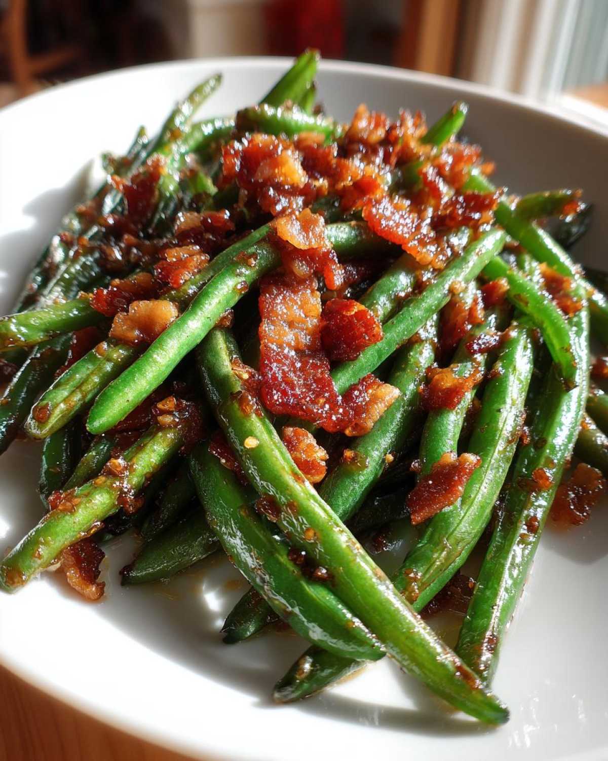 Close-up of bright green beans tossed in a glaze and topped with crispy bacon pieces.