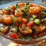 Close-up of a vibrant Mexican shrimp cocktail featuring plump shrimp, diced tomatoes, cucumber, and cilantro in a rich red sauce, served with crackers.