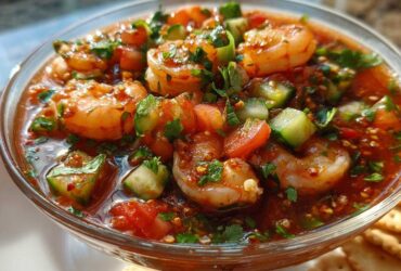 Close-up of a vibrant Mexican shrimp cocktail featuring plump shrimp, diced tomatoes, cucumber, and cilantro in a rich red sauce, served with crackers.