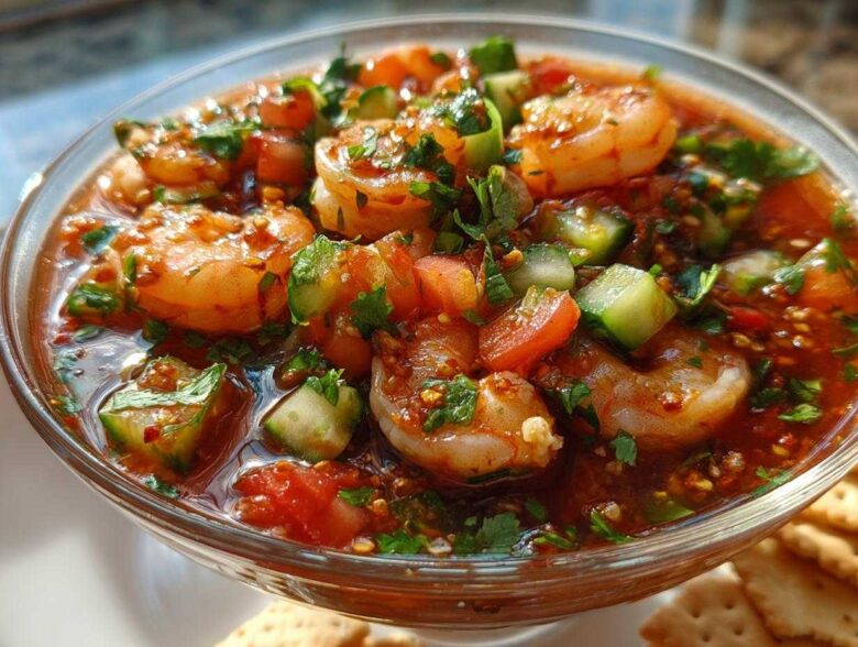 Close-up of a vibrant Mexican shrimp cocktail featuring plump shrimp, diced tomatoes, cucumber, and cilantro in a rich red sauce, served with crackers.