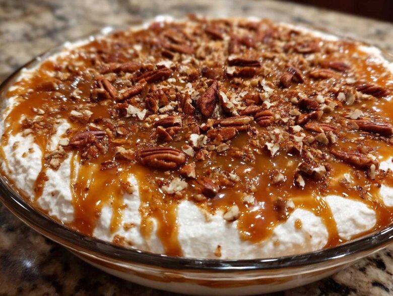 Close-up of a creamy Pecan Pie Dip topped generously with caramel sauce and chopped pecans.