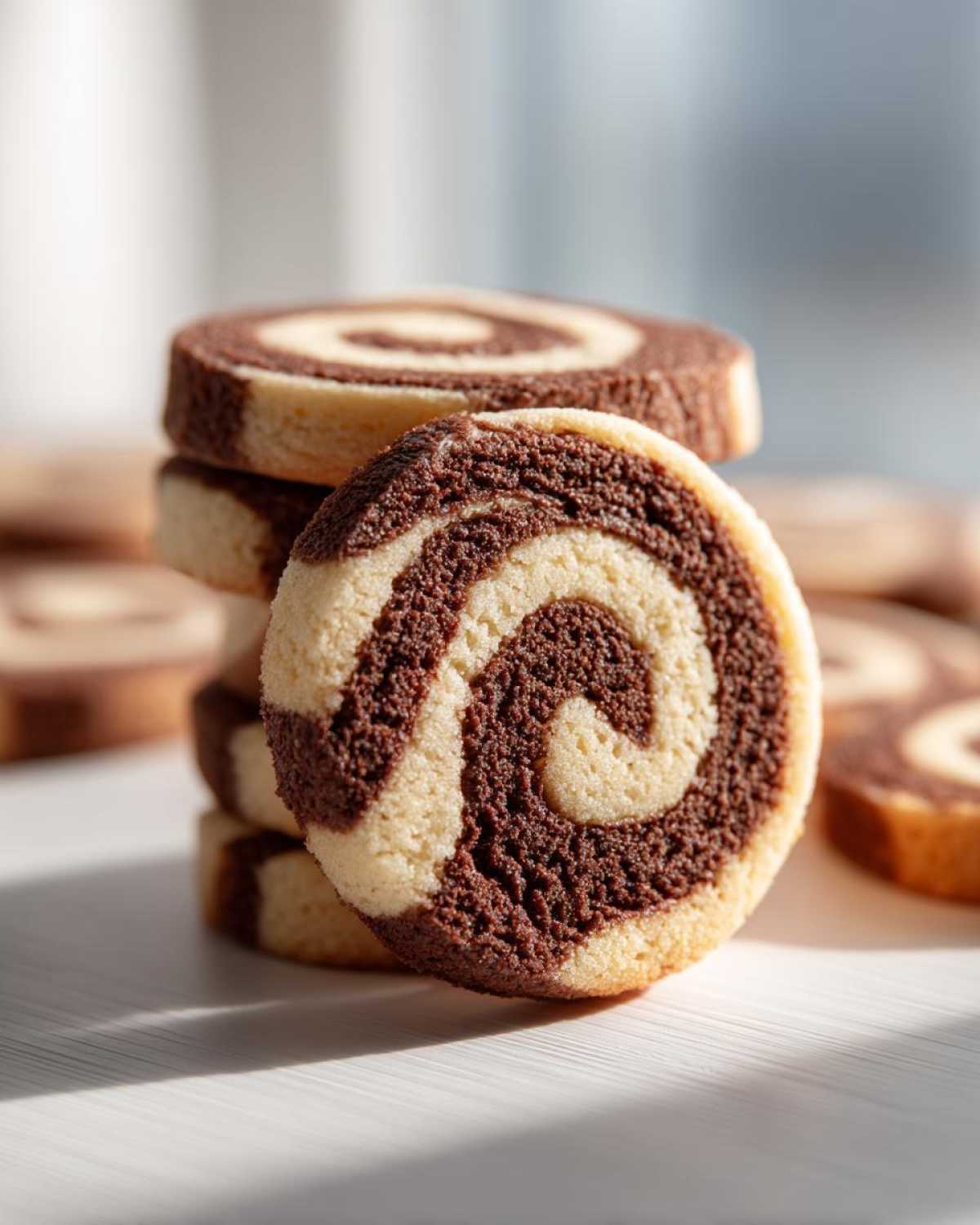 A stack of beautiful chocolate and vanilla pinwheel cookies, with one cookie prominently displayed in the foreground.