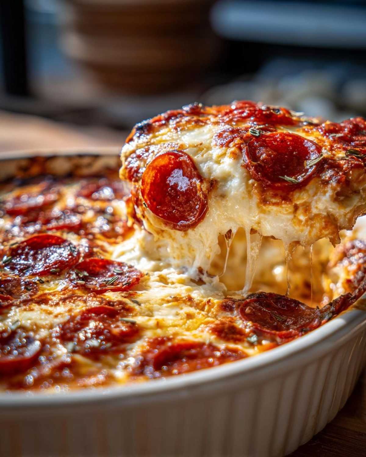 A scoop of hot, cheesy pepperoni pizza dip being lifted from a white baking dish, showing long cheese pulls.