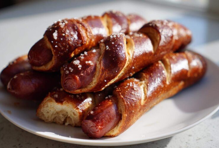 A close-up stack of freshly baked pretzel dogs with a dark, shiny crust and coarse salt crystals.