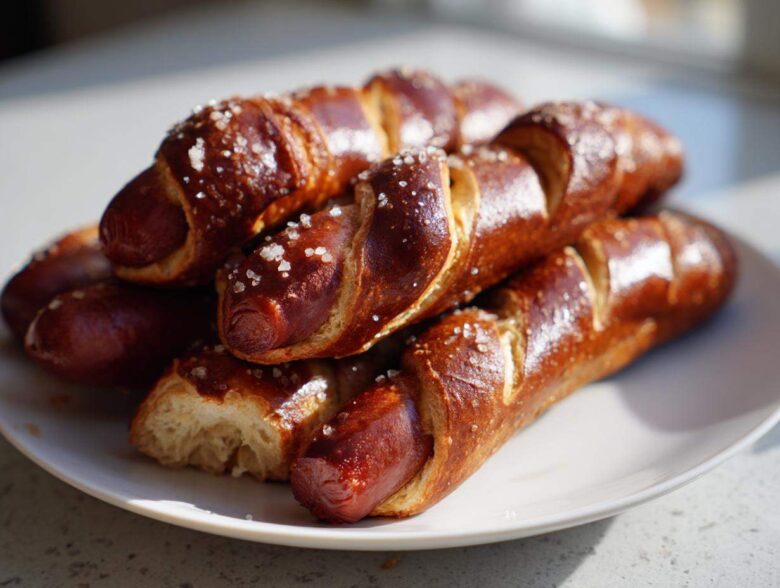 A close-up stack of freshly baked pretzel dogs with a dark, shiny crust and coarse salt crystals.