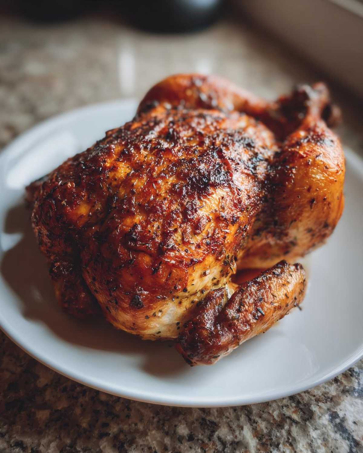 A beautifully browned, whole roasted chicken with crispy, herb-seasoned skin resting on a white plate.