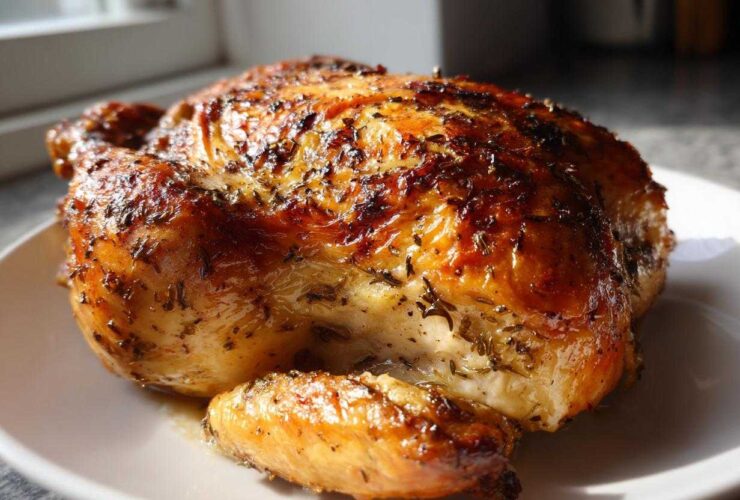 A whole roasted chicken with deeply browned, herbed skin resting on a white plate, ready to serve.