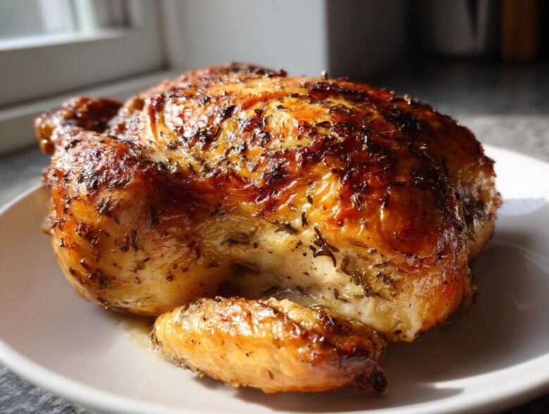 A whole roasted chicken with deeply browned, herbed skin resting on a white plate, ready to serve.
