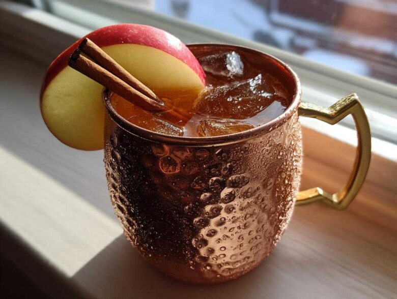 A condensation-covered copper mug filled with an apple cider Moscow mule, garnished with an apple slice and cinnamon sticks.