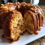 A slice cut from a moist apple dapple cake, revealing soft apple chunks inside, topped with thick caramel sauce and nuts.