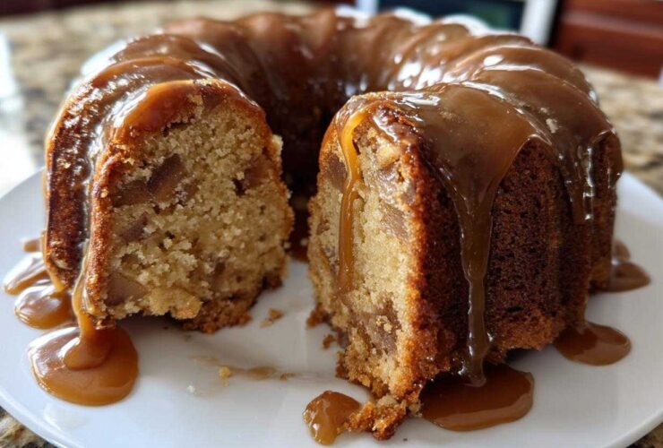 A rich apple dapple cake, shaped like a bundt, with a slice cut out, generously covered in dripping caramel sauce.