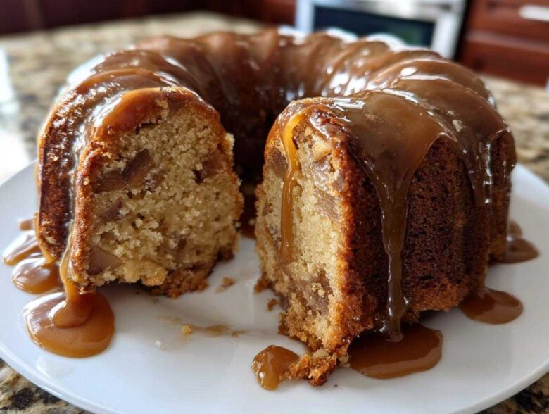A rich apple dapple cake, shaped like a bundt, with a slice cut out, generously covered in dripping caramel sauce.