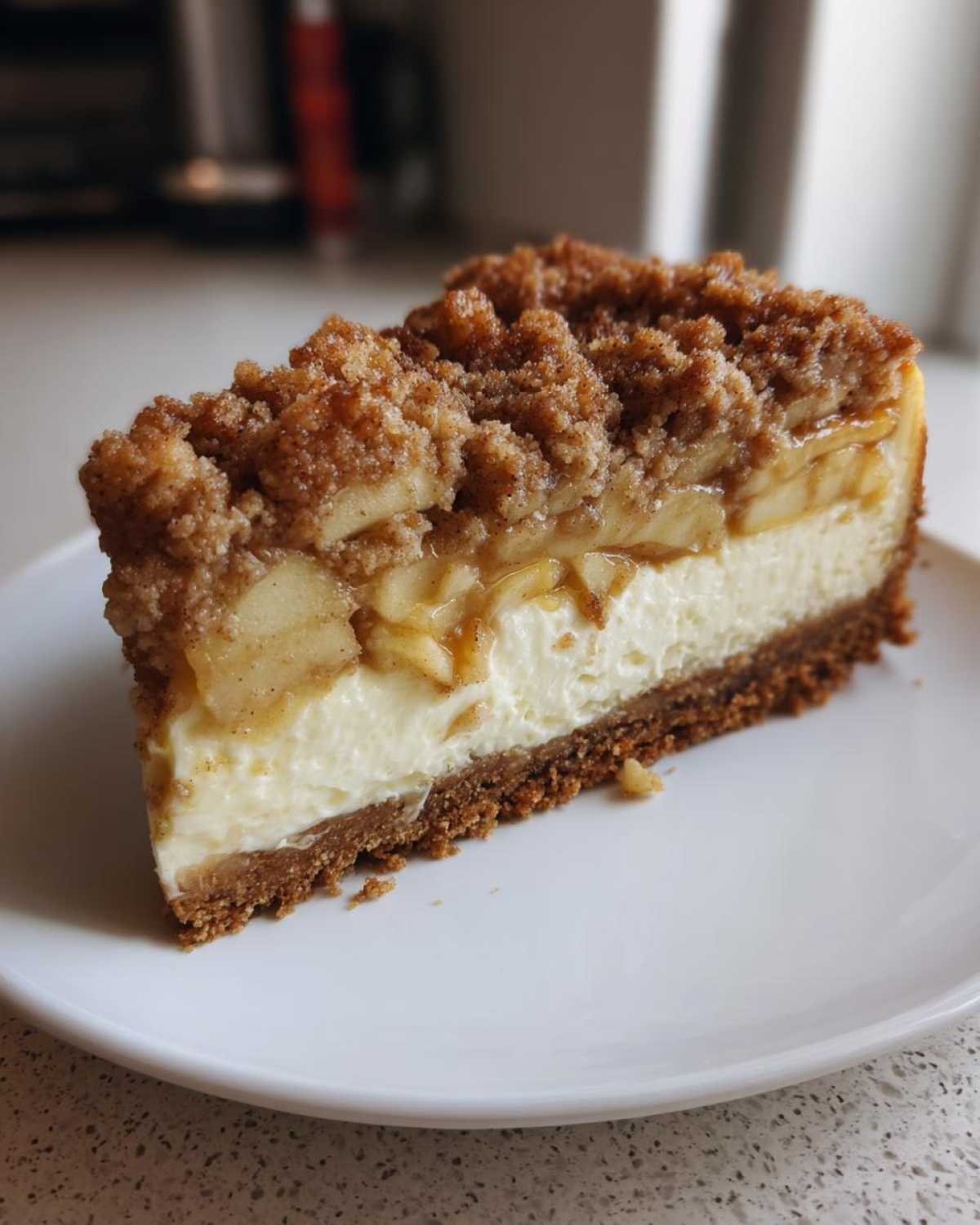 A perfect slice of apple pie cheesecake featuring a graham cracker crust, creamy filling, spiced apples, and a brown sugar crumble topping.