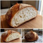 Close-up of a rustic loaf of bread cut in half showing the open, airy crumb structure perfect for bread bowls.