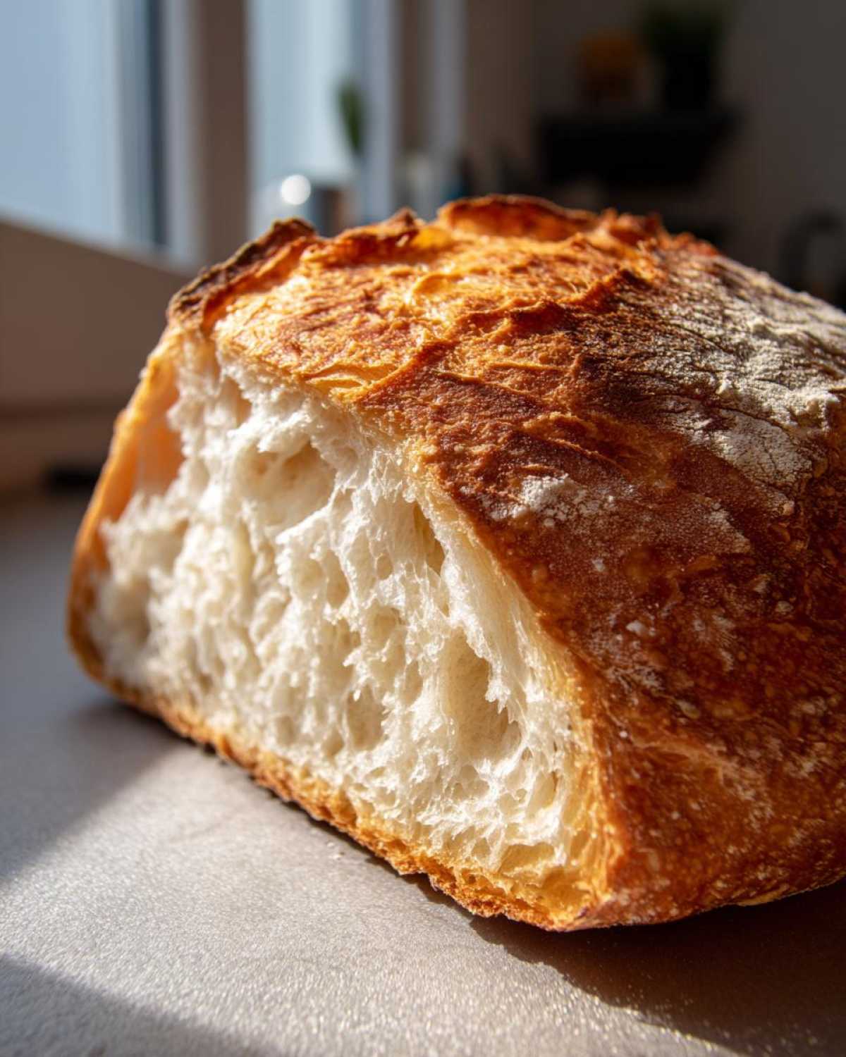 Close-up of a rustic loaf of bread showing a golden crust and airy interior, ideal for making bread bowls.