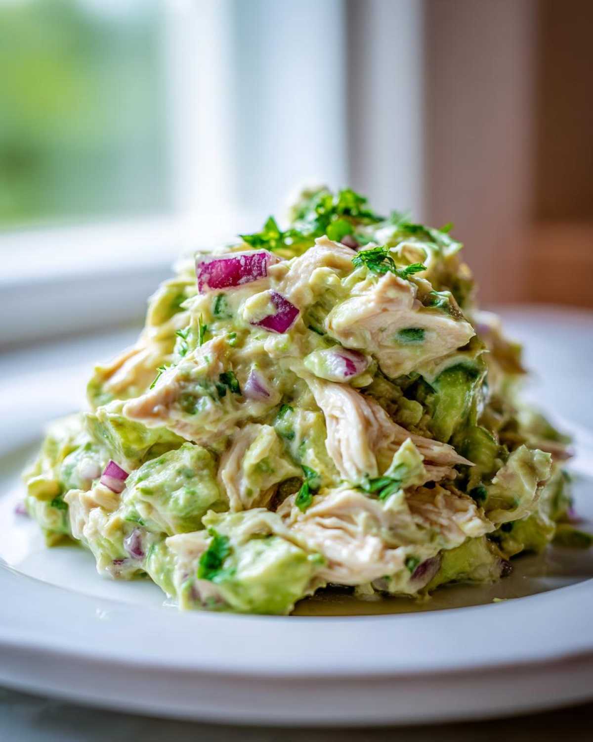 A mound of creamy avocado chicken salad mixed with chunks of avocado and red onion, garnished with parsley.