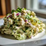 A mound of creamy avocado chicken salad topped with diced red onion and fresh cilantro on a white plate.