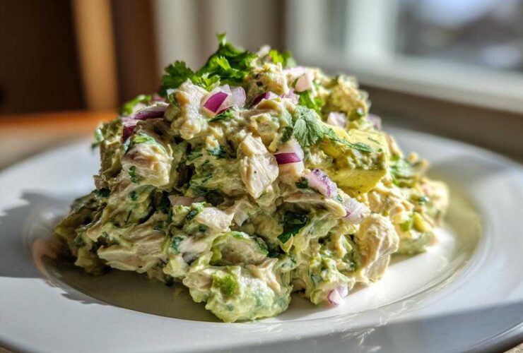 A mound of creamy avocado chicken salad topped with diced red onion and fresh cilantro on a white plate.