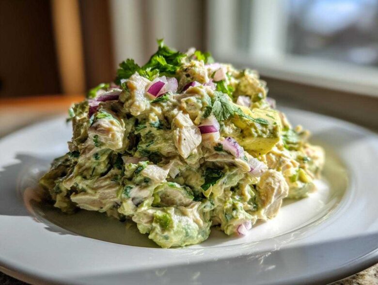 A mound of creamy avocado chicken salad topped with diced red onion and fresh cilantro on a white plate.