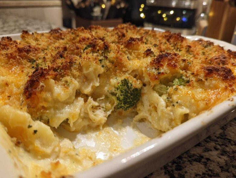 Close-up of a baked Chicken Divan casserole with a crispy, golden breadcrumb topping and creamy filling showing chicken and broccoli.