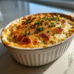 Close-up of a bubbling, baked popper dip with a golden-brown, cheesy crust and parsley garnish.
