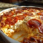 Close-up of a hot, bubbly pepperoni pizza dip in a white baking dish with a scoop taken out.