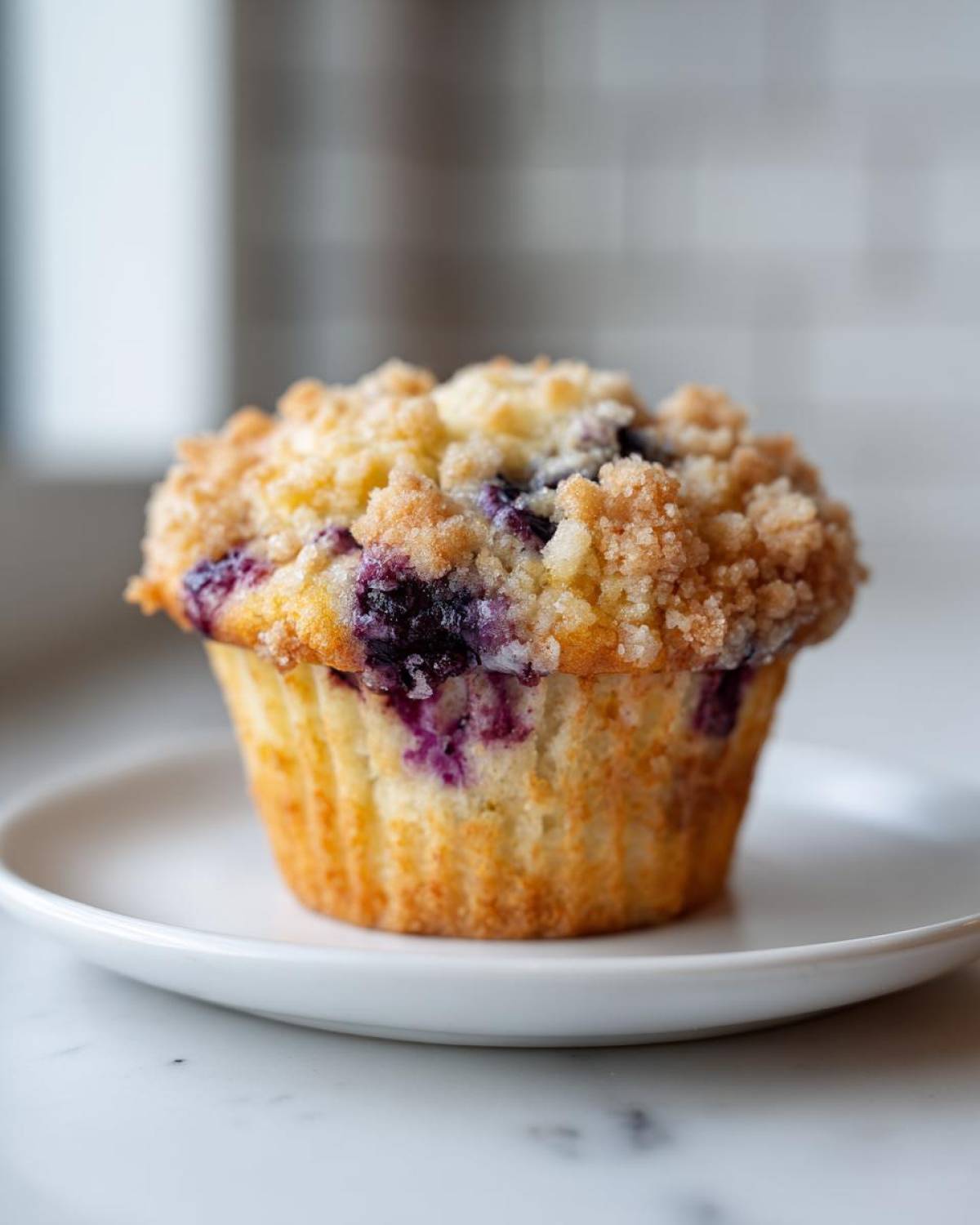 A single, golden-brown blueberry muffin with a generous streusel crumb topping sits on a small white plate.