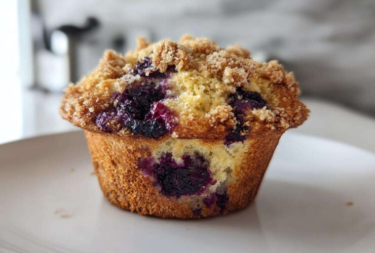 Close-up of a golden brown blueberry muffin topped with crunchy streusel, showcasing burst blueberries.