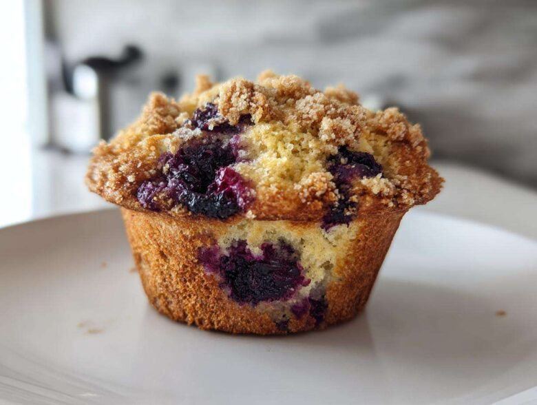 Close-up of a golden brown blueberry muffin topped with crunchy streusel, showcasing burst blueberries.