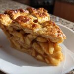 Close-up of a thick slice of apple pie recipe showing caramelized apple filling and a golden, flaky lattice crust.