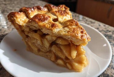 Close-up of a thick slice of apple pie recipe showing caramelized apple filling and a golden, flaky lattice crust.