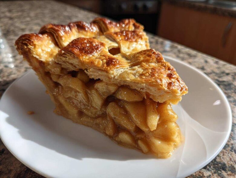 Close-up of a thick slice of apple pie recipe showing caramelized apple filling and a golden, flaky lattice crust.