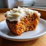Close-up of a carrot cake muffin with a bite taken out, showing shredded carrots and thick cream cheese frosting.